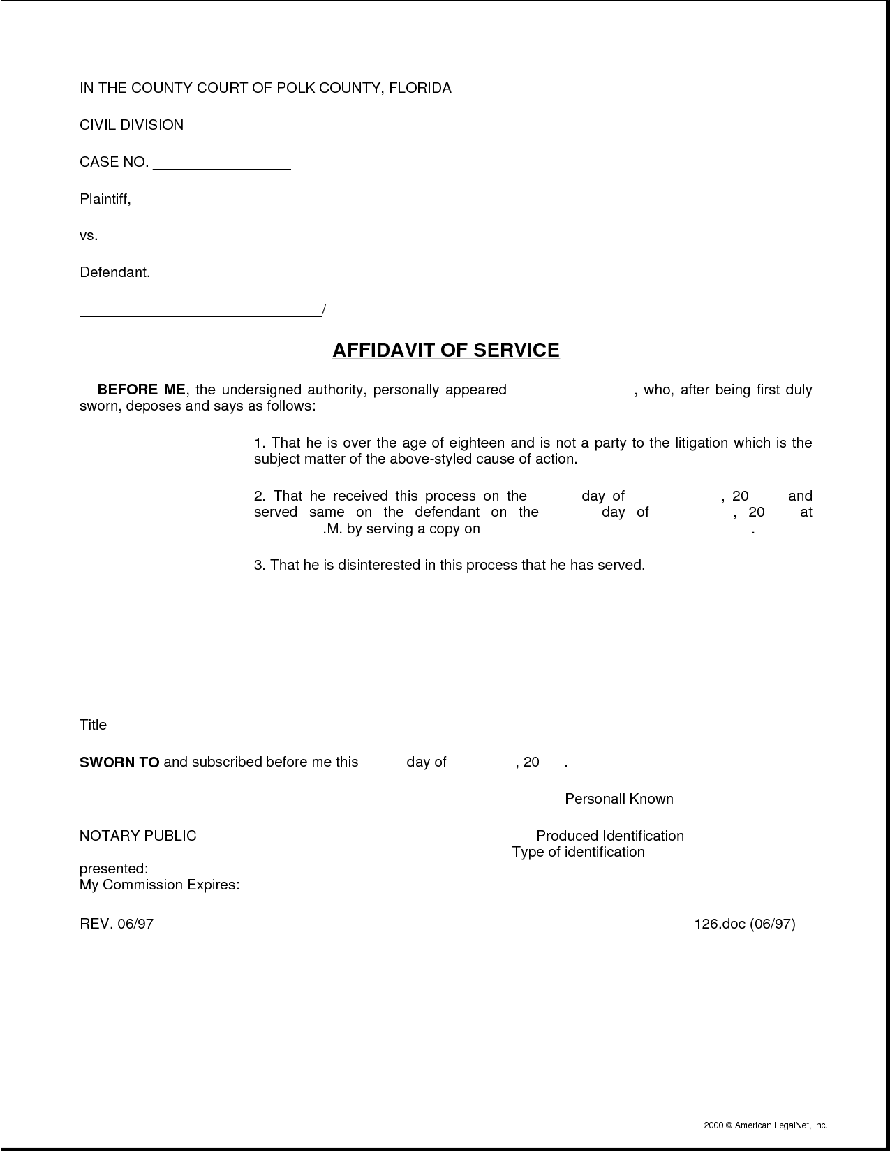 Sample Affidavit Of Service Free Printable Documents