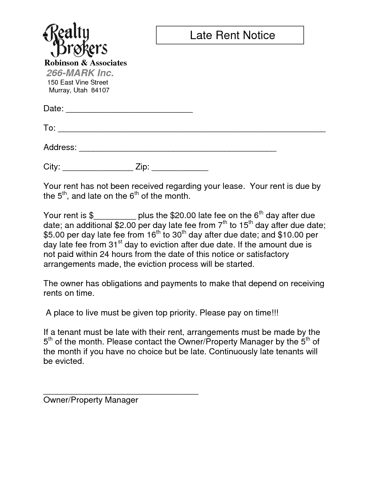 Sample Late Rent Notice Free Printable Documents