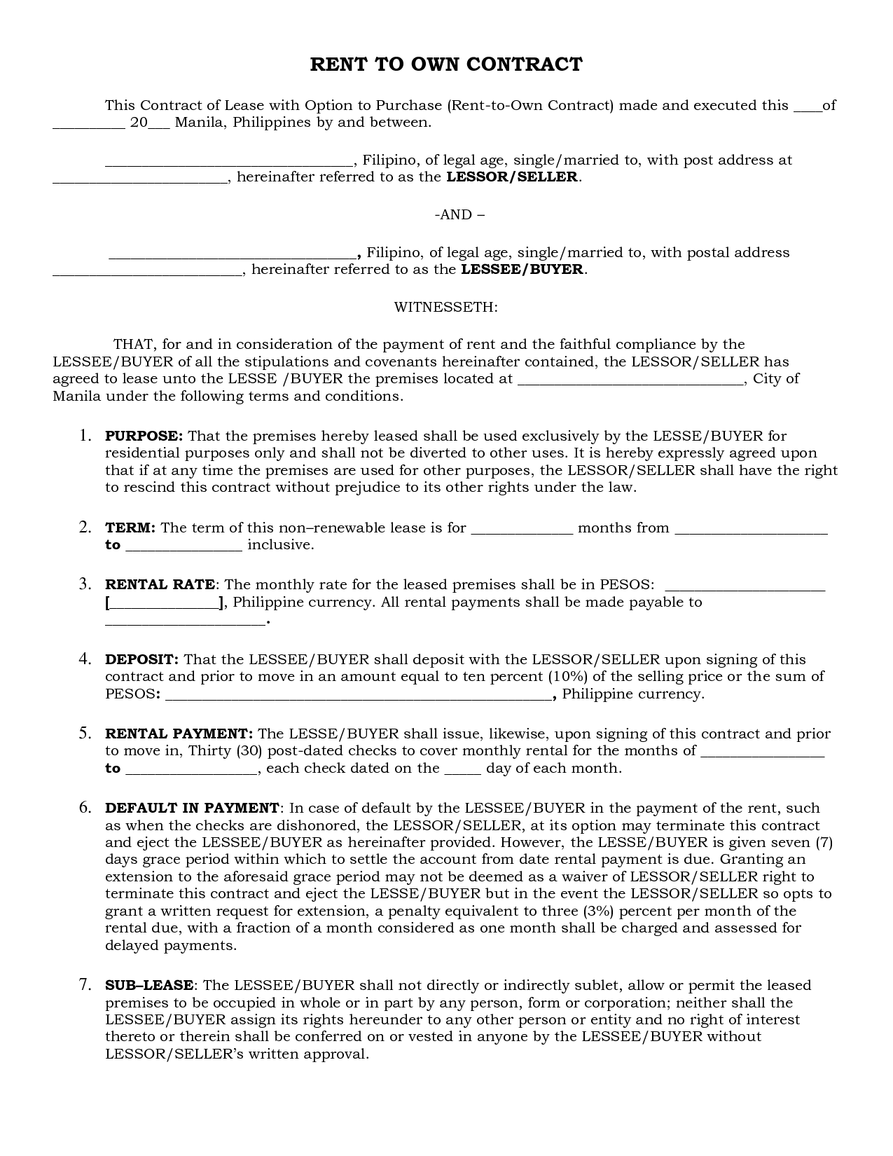 Free Printable Rent To Own Lease Agreement Template