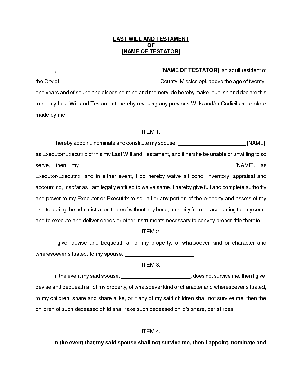 Simple Last Will And Testament Sample Free Printable Documents