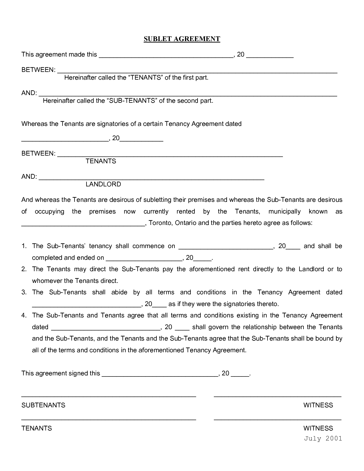 Subletting Contract Template Free Printable Documents