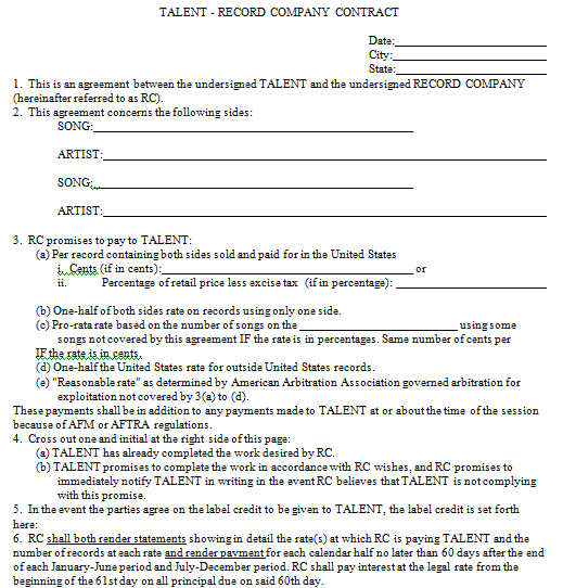 Talent Contract Free Printable Documents