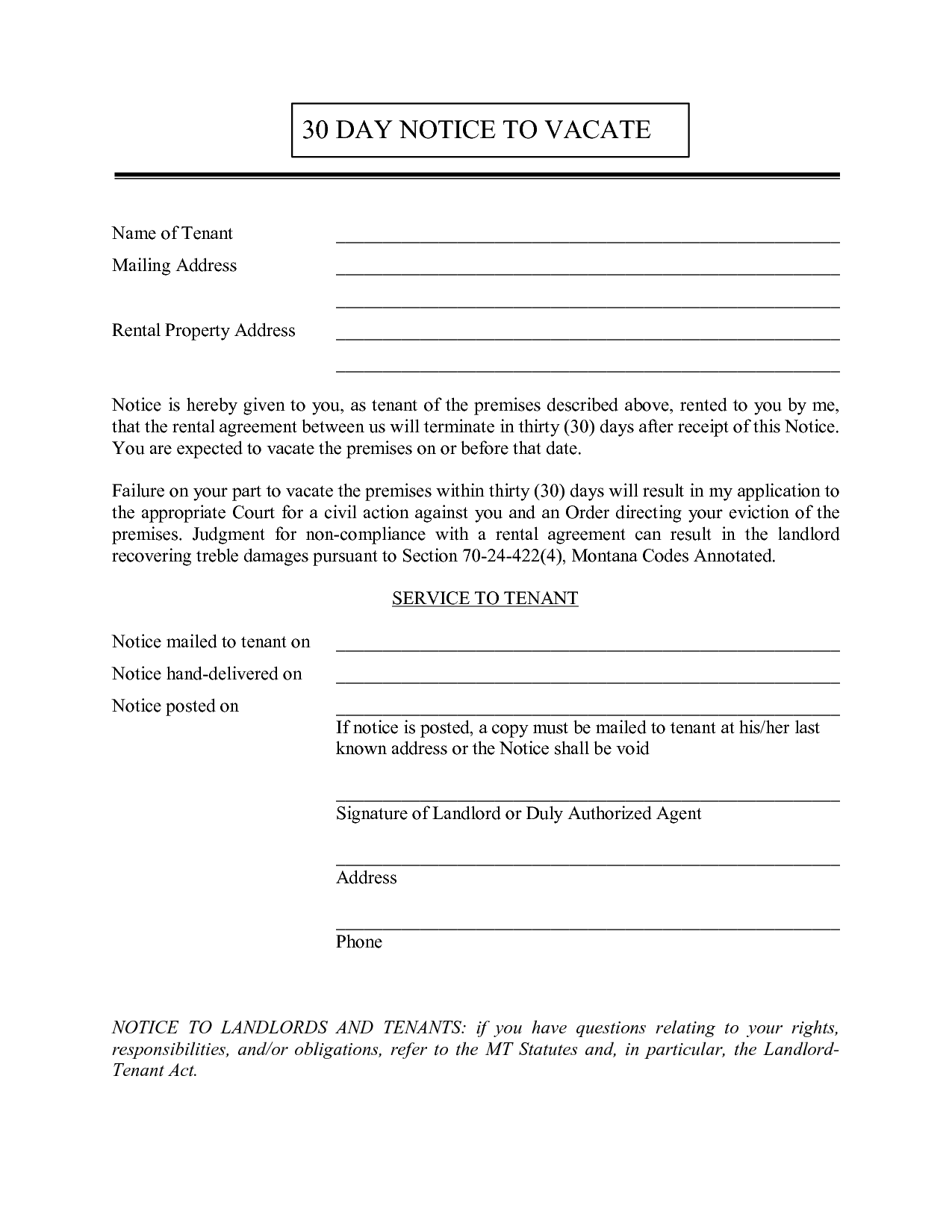 Printable 30 Day Notice To Vacate