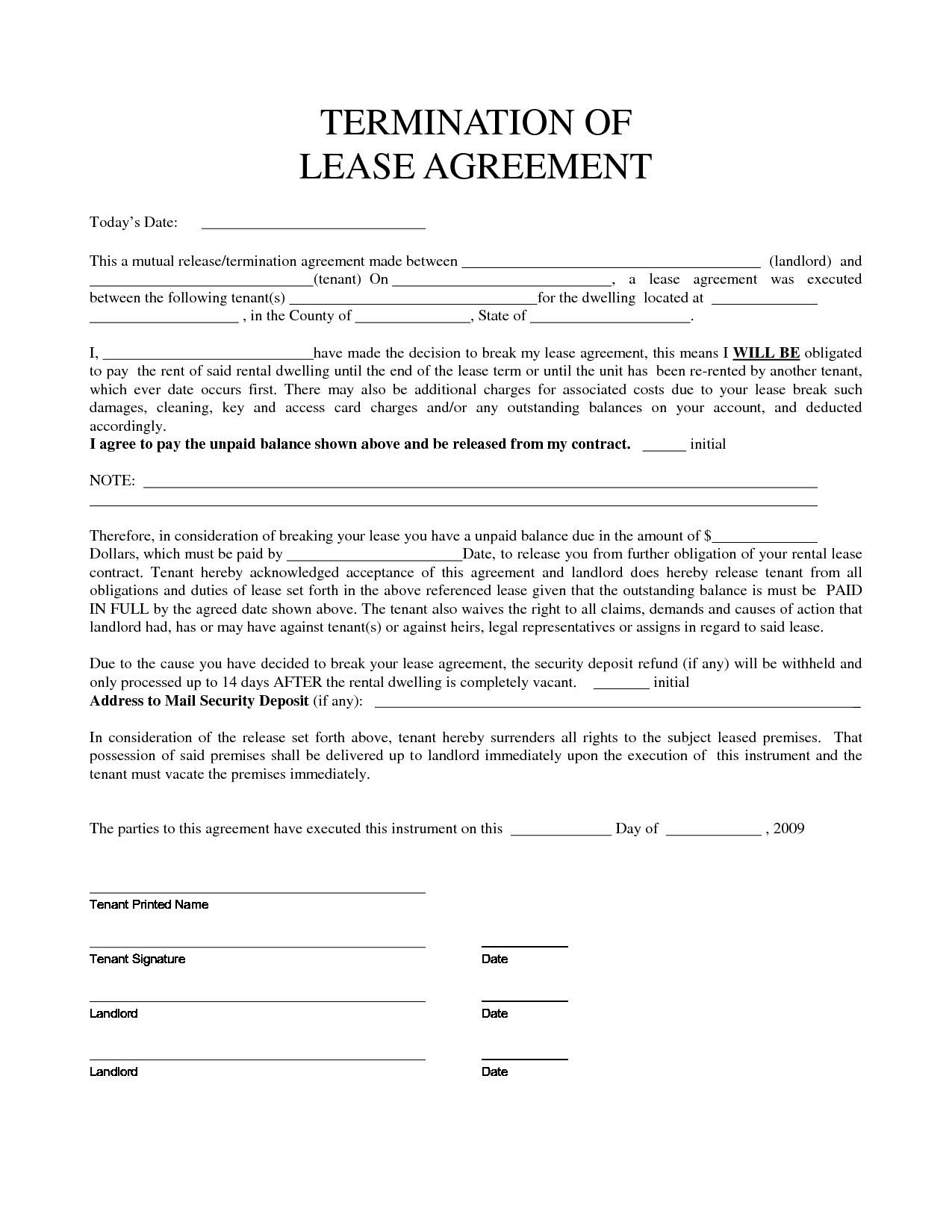 Termination Of Lease Agreement Form - Free Printable Documents