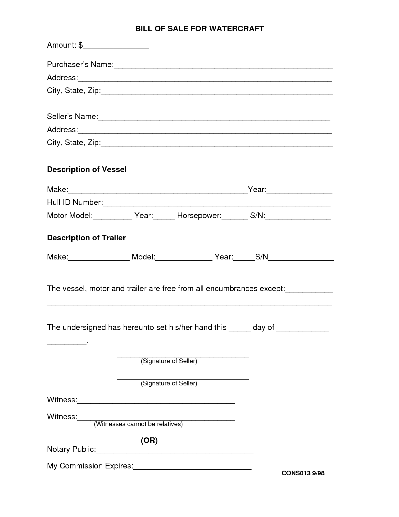 Bill Of Sale Form For Travel Trailer