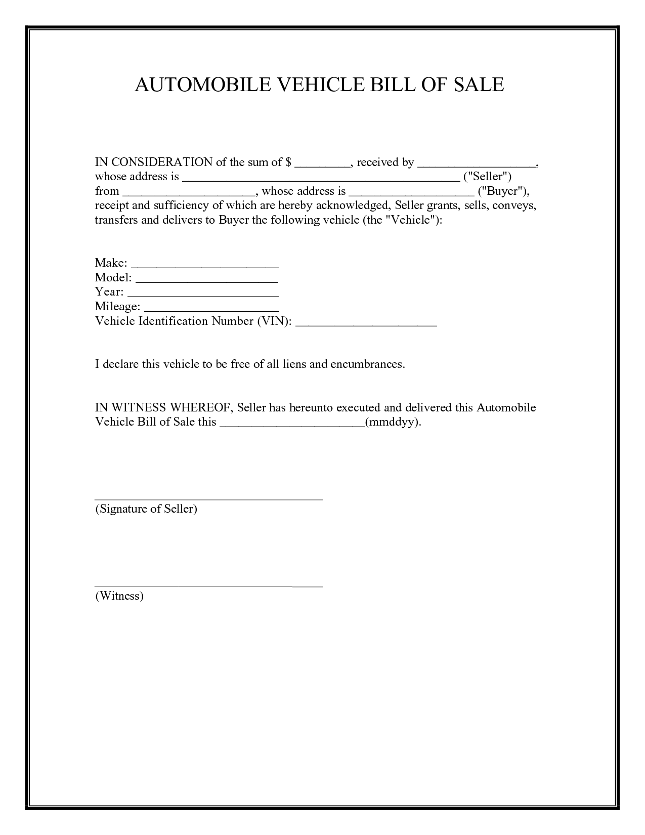 Vehicle Bill Of Sale Free Printable Documents
