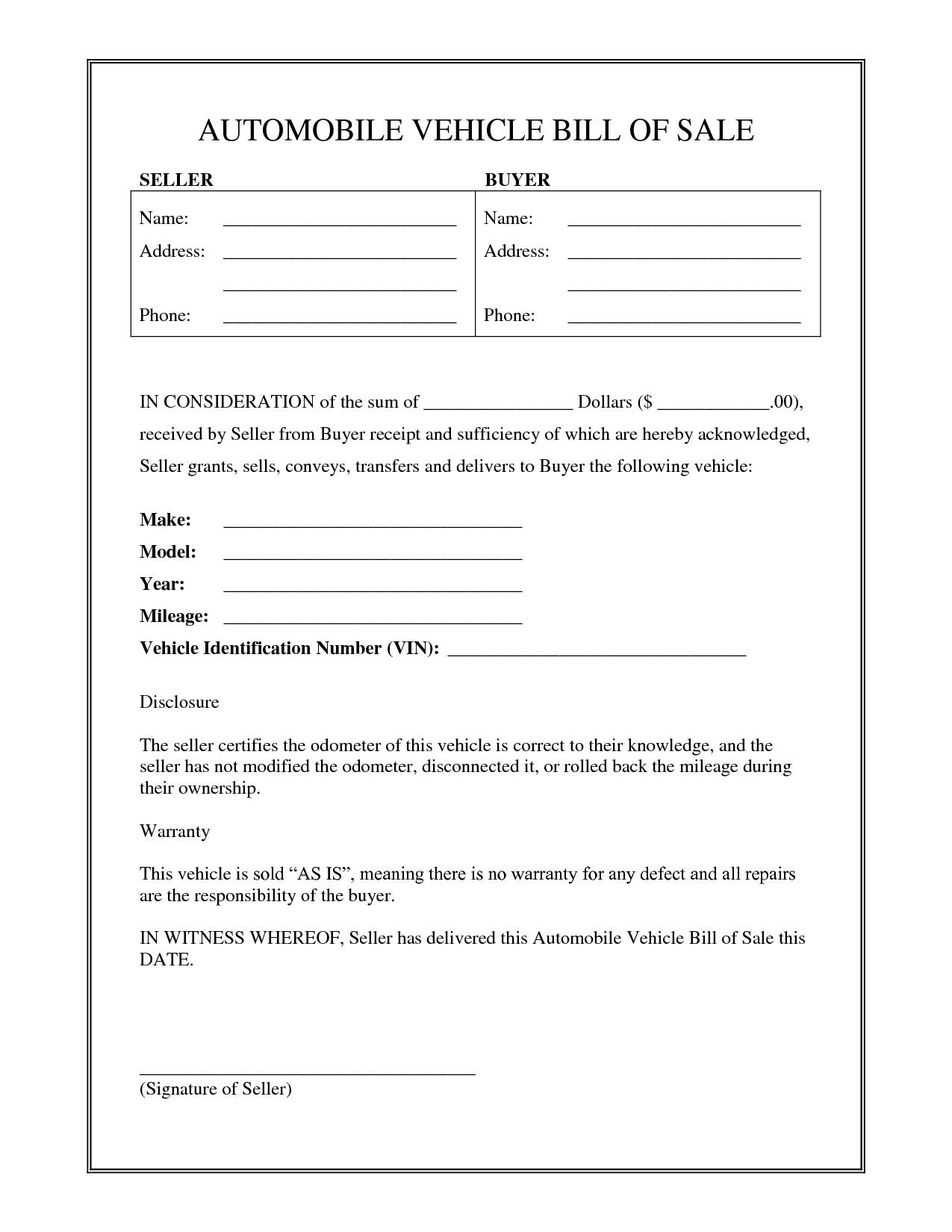 free printable blank bill of sale template for vehicle