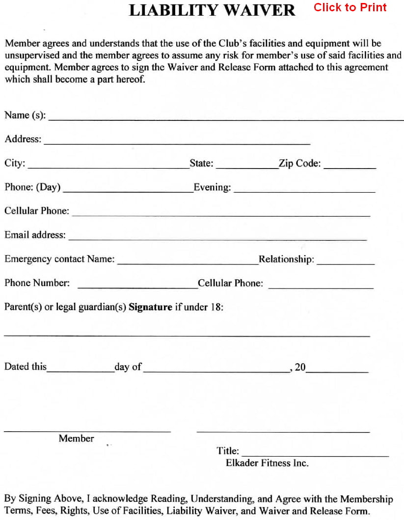 Waiver Of Liability Forms Free Printable Documents