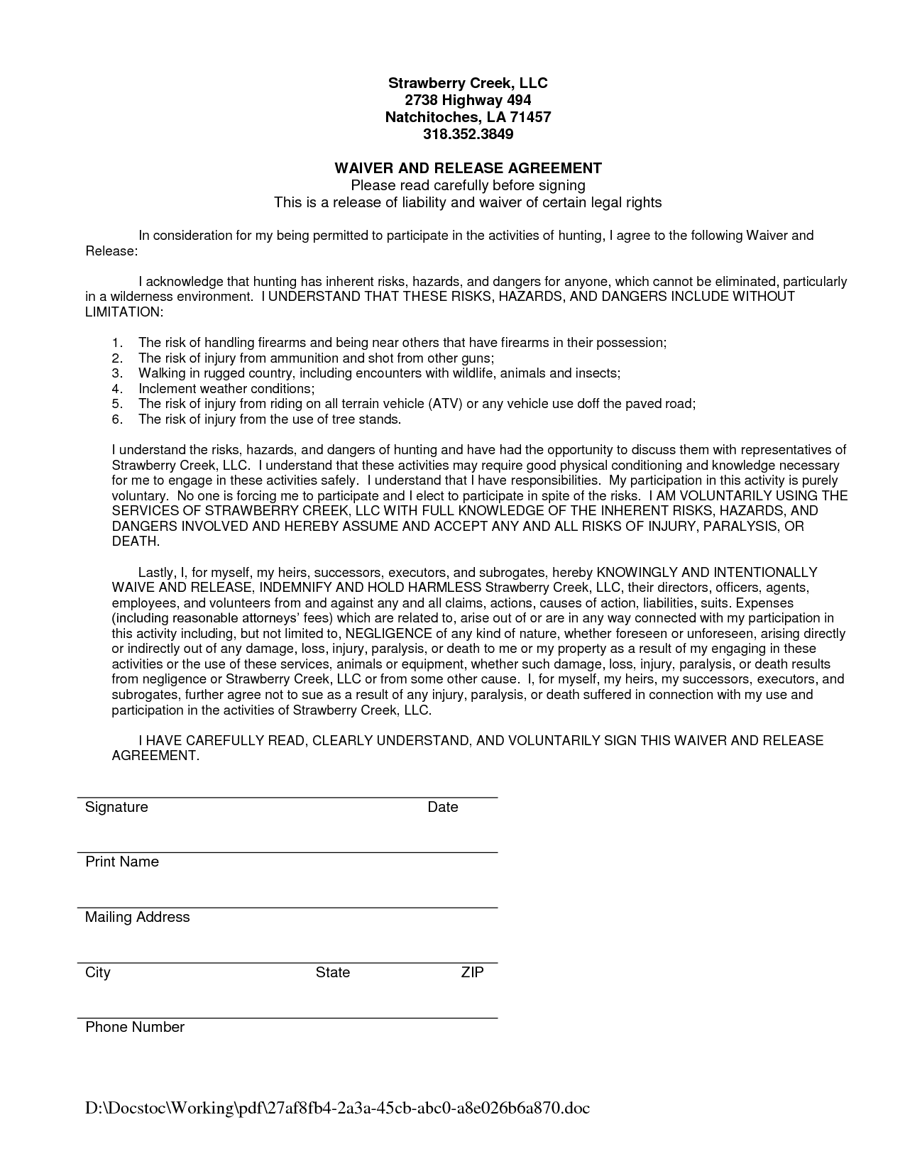 Waiver Of Liability Sample Free Printable Documents