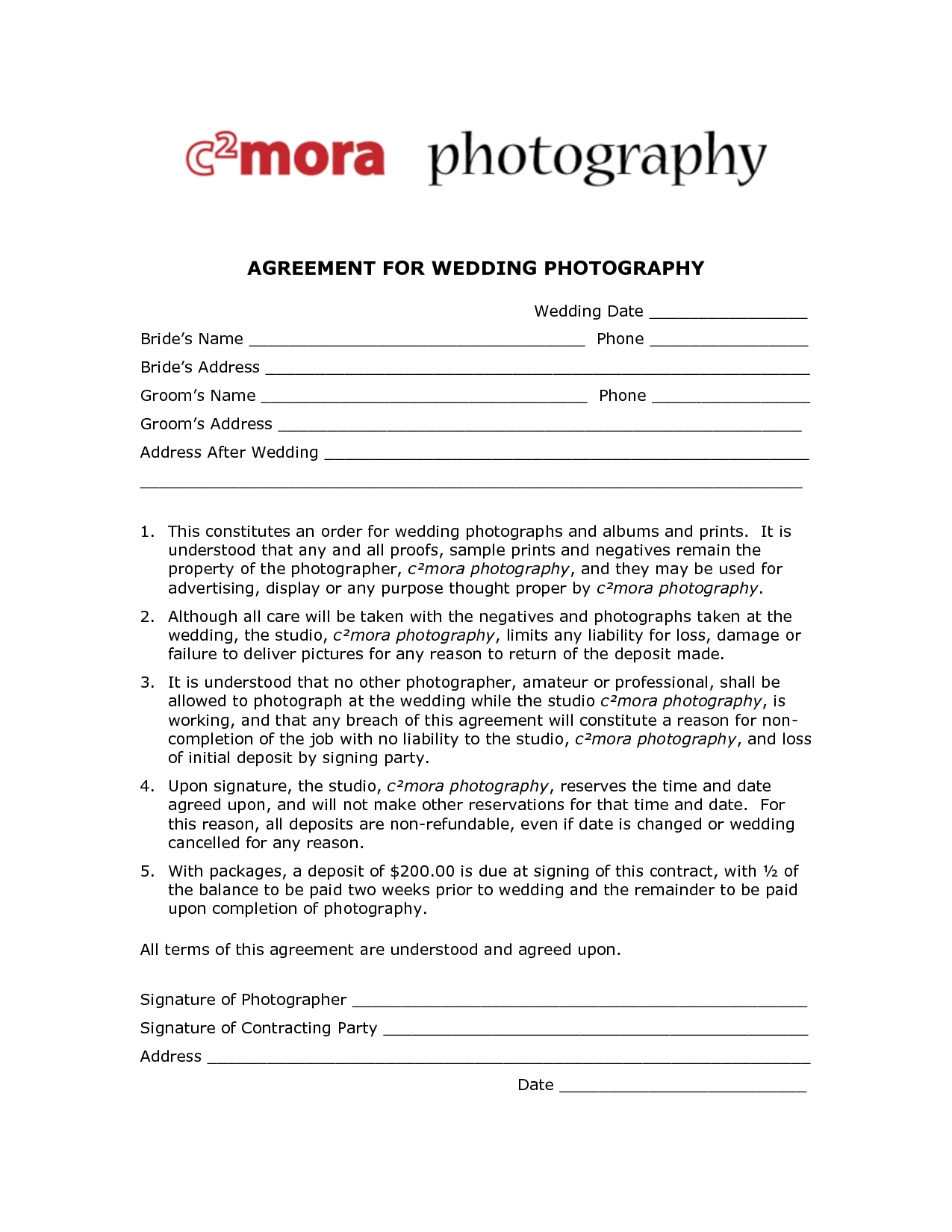 Wedding Photographer Contract Template Free