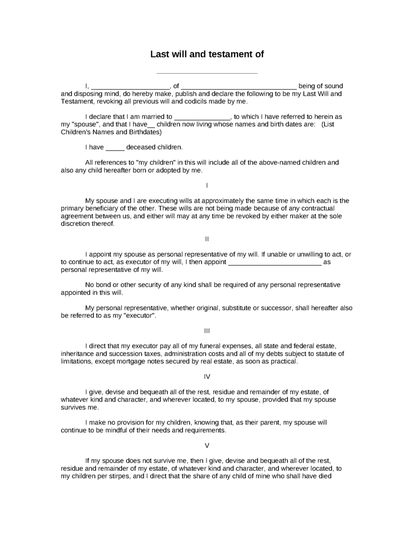 Will And Testament Sample Free Printable Documents