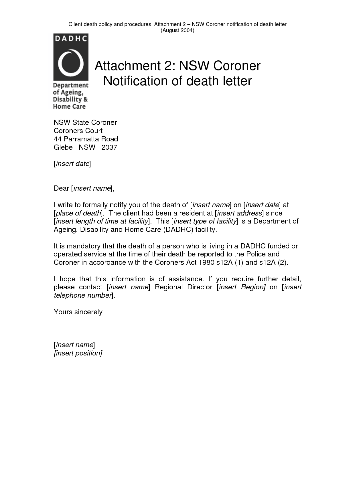 Sample Notification Of Death Letter