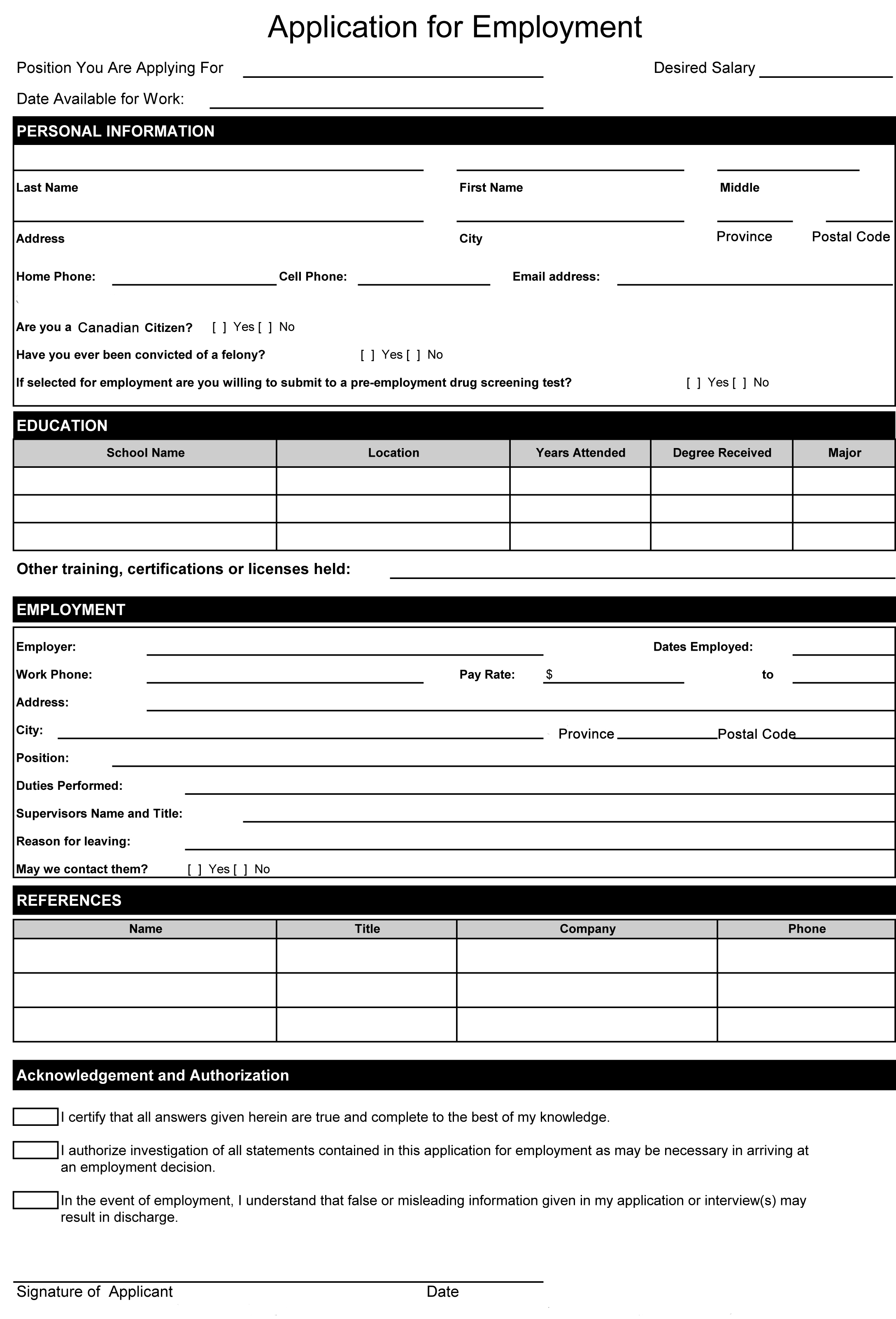 Employment Application Form Free Printable