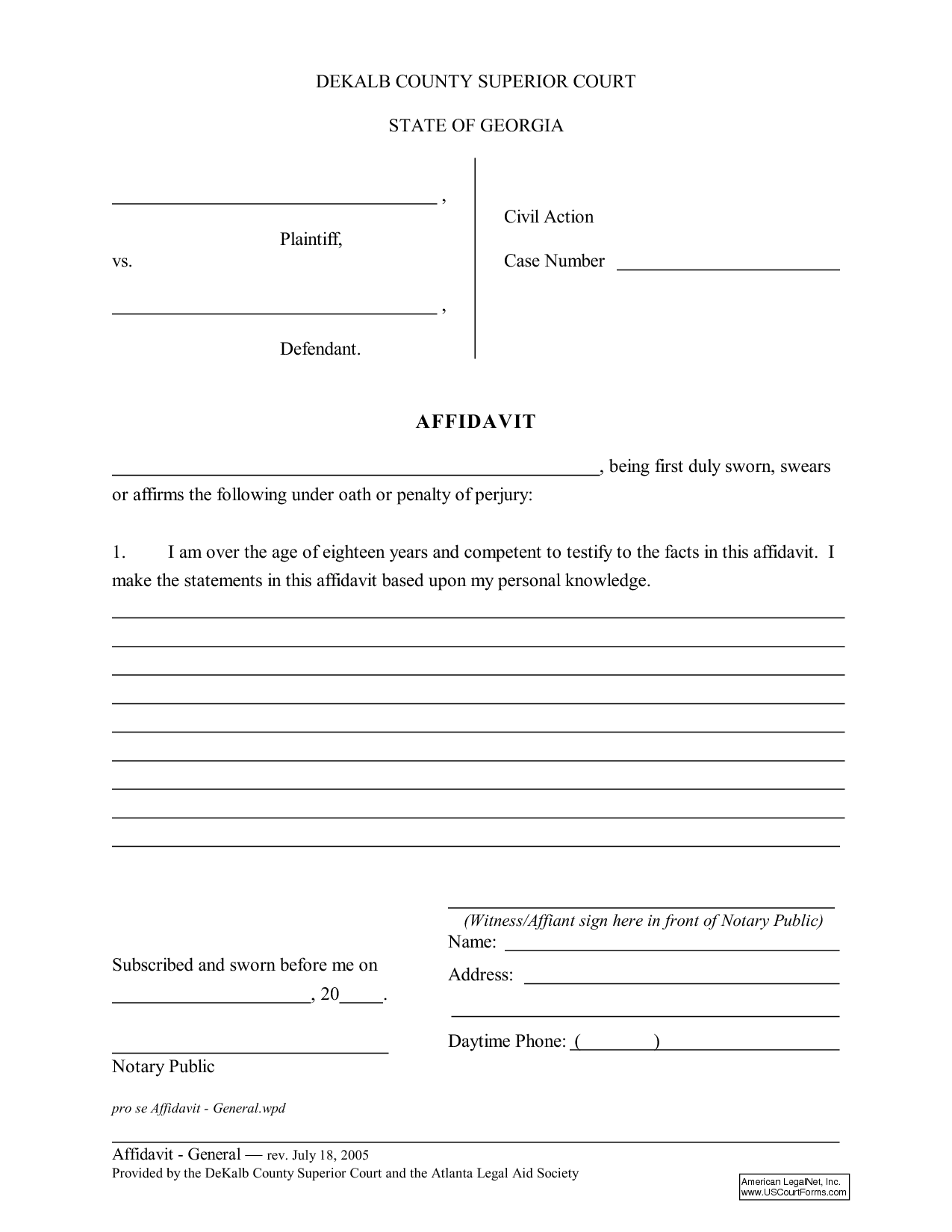 Printable Blank Affidavit Form - Printable Forms Free Online