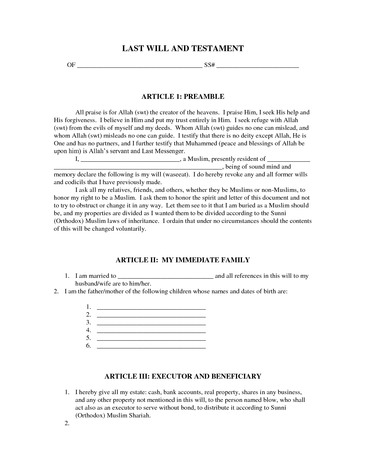 Sample Will - Free Printable Documents