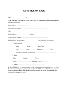 Simple As Is Bill Of Sale Template