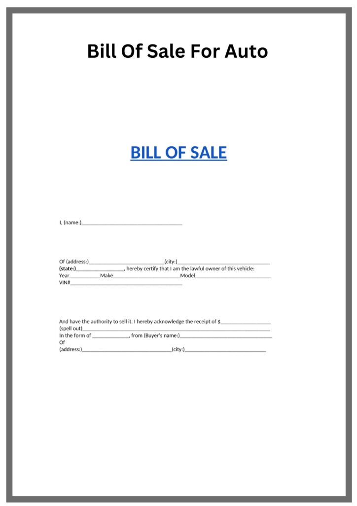Simple Bill Of Sale For Auto Template