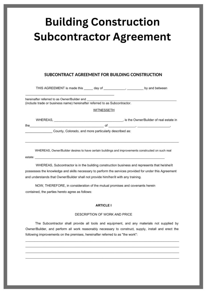 Simple Building Construction Subcontractor Agreement Template