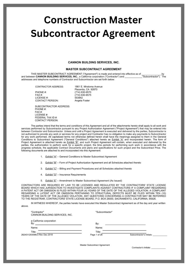 Simple Construction Master Subcontractor Agreement Template