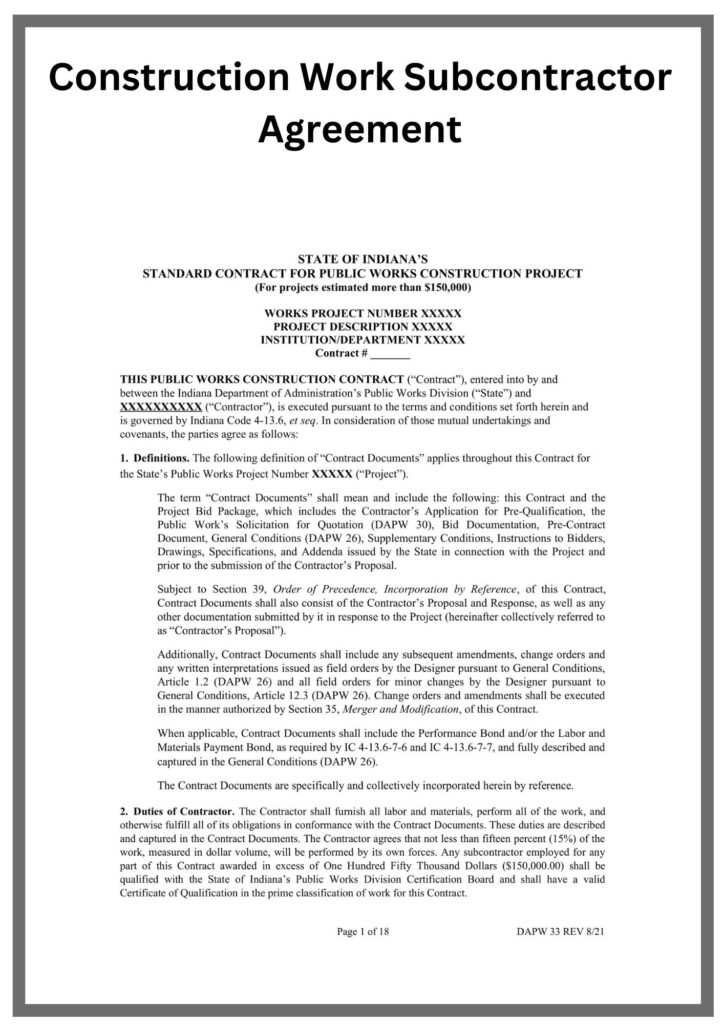 Simple Construction Work Subcontractor Agreement Template