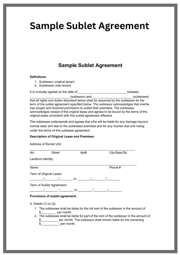 Sample Sublet Agreement