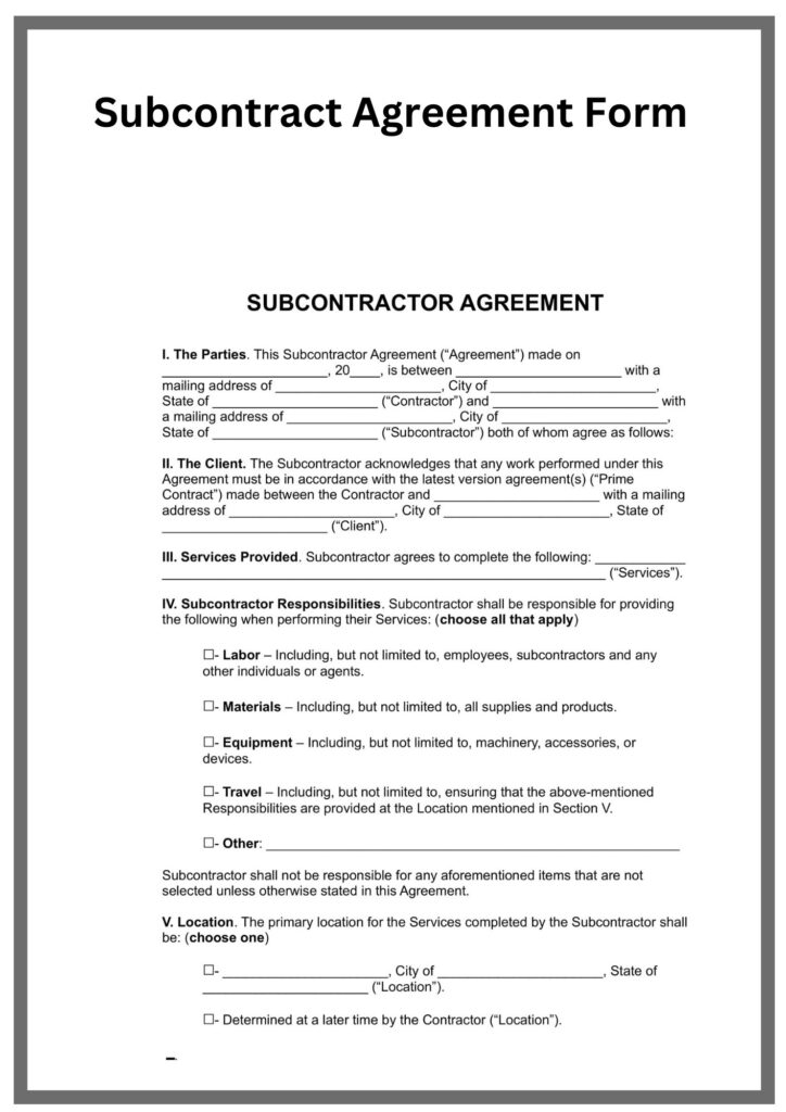Free Subcontract Agreement Form Forms