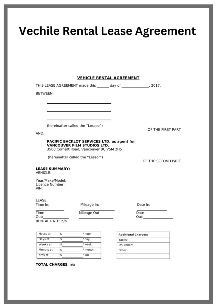 Simple Vechile Rental Lease Agreement Template